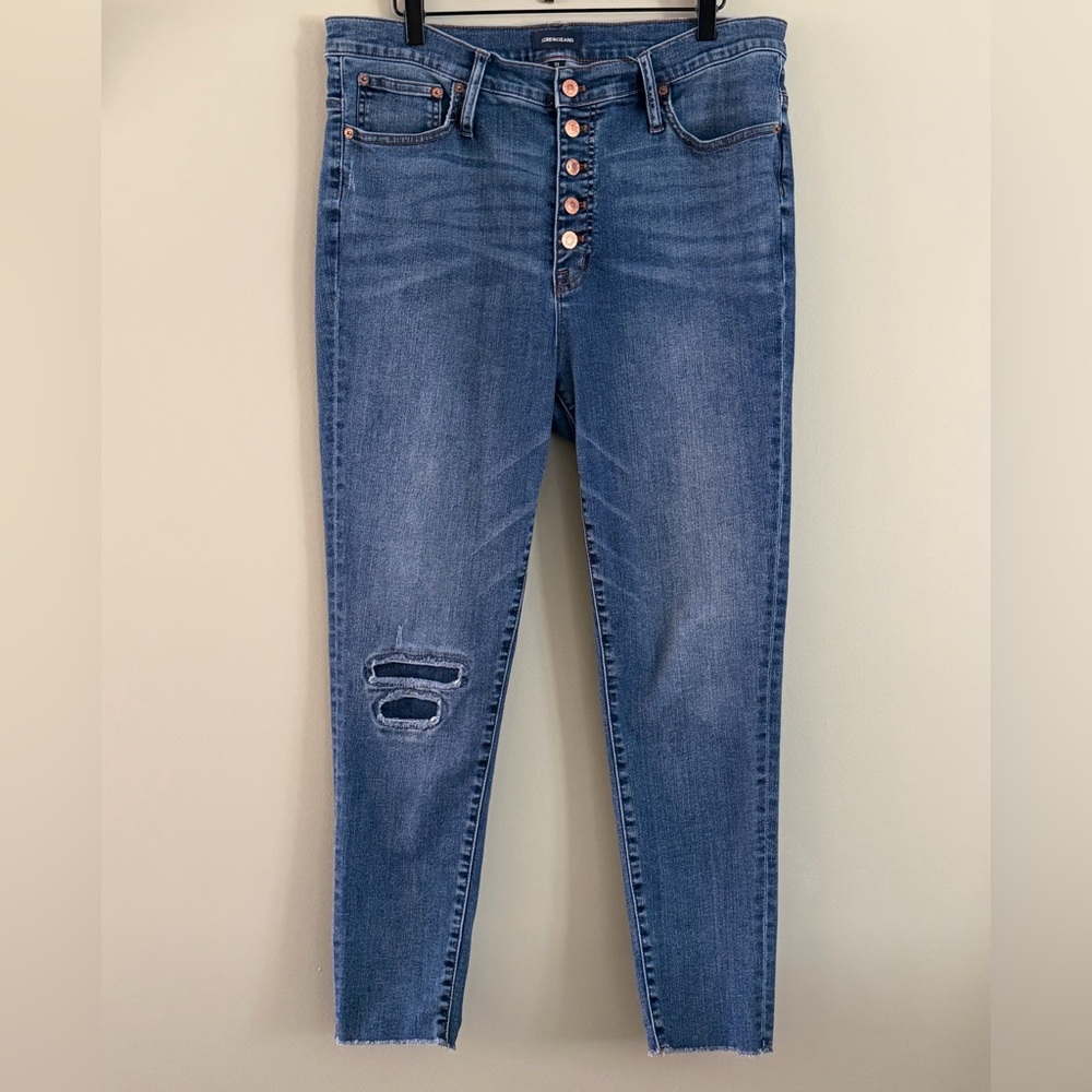 J.Crew Jeans 10” High Rise Toothpick Button Fly Knee Patch Fading Raw Hem Size33